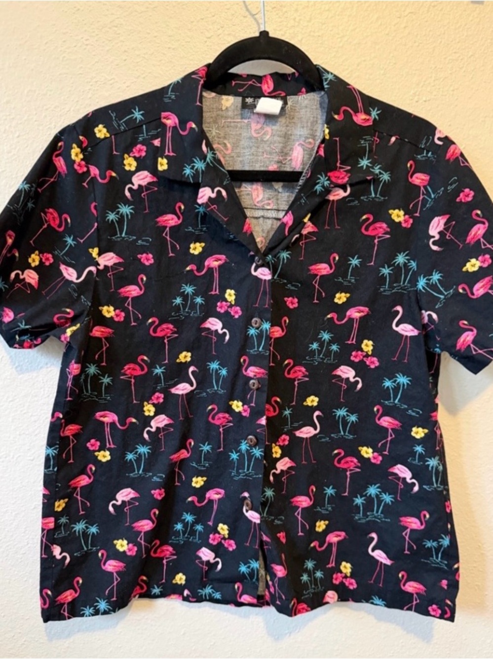 Puanani by RJC Flamingo Palm Tree Hawaiian Shirt Black Size L Made in Hawaii